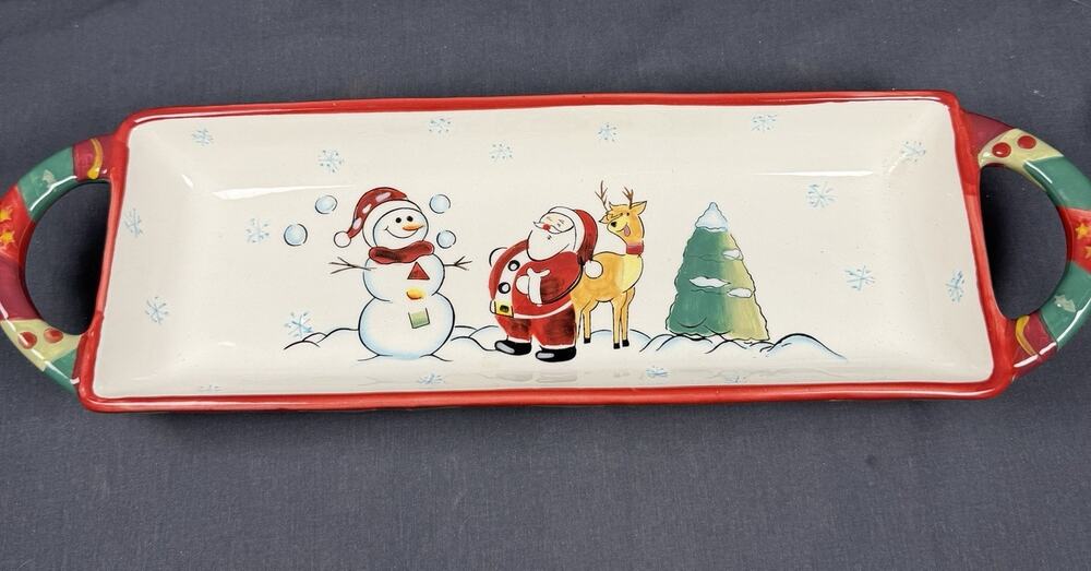 Tabletops Gallery Christmas Winterland Bread Relish 16" Ceramic Tray Snowman